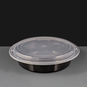 48oz Round Black Plastic Take Away Container & Lid