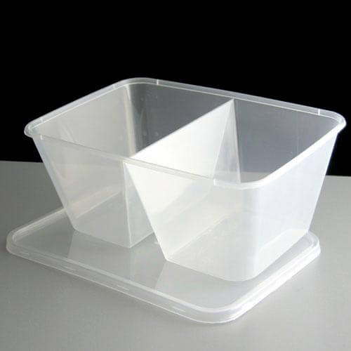 2 compartment 1000cc clear rectangular plastic container and lid