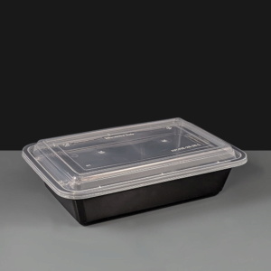38oz Rectangular Black Plastic Container and Clear Lid