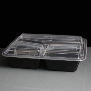 Three Compartment Black Plastic Container and Lid
