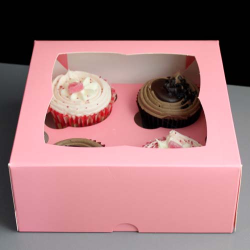 PINK Windowed Cupcake Boxes with 4 Cavity Insert PINK Windowed Cupcake Boxes with 4 Cavity Insert