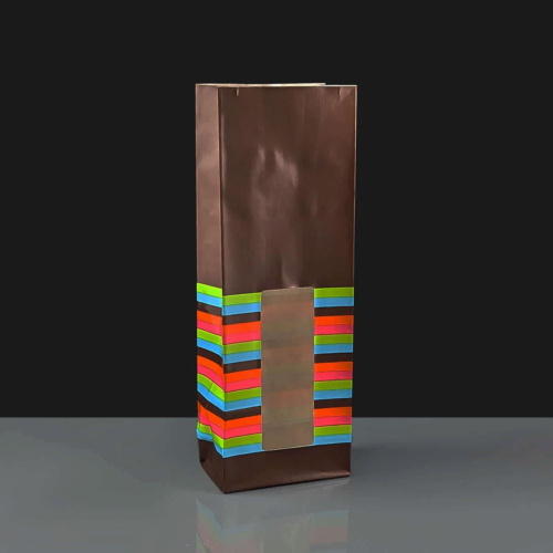 50 x 83 x 240mm Glossy Brown Windowed Paper Bag with Stripes