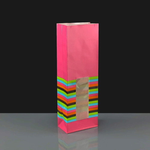 50 x 83 x 240mm Glossy Pink Windowed Paper Bag with Stripes | Sale