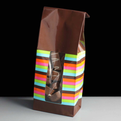 50 x 83 x 240mm Glossy Brown Windowed Paper Bag with Stripes