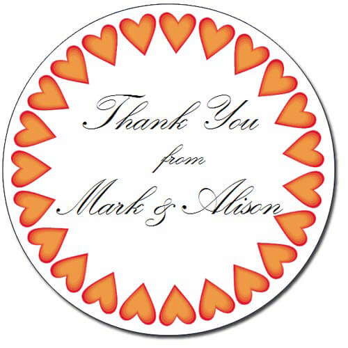 Custom Round Gloss Label - Orange Heart Border Design (Roll of 25)
