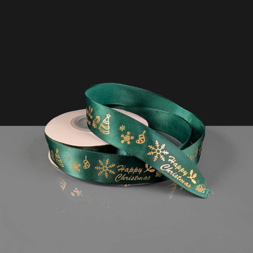 Happy Christmas Ribbon - Green & White - 23mm x 22m