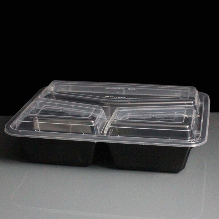 Three Cavity Black Plastic Take Away Container & Lid