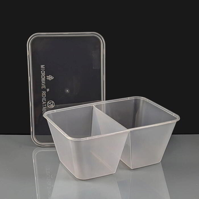 2 Cavity 1000cc Clear Rectangular Plastic Container & Lid