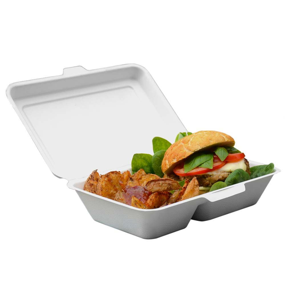 Compostable Bagasse 9 x 6 inch 2 Compartment Food Box