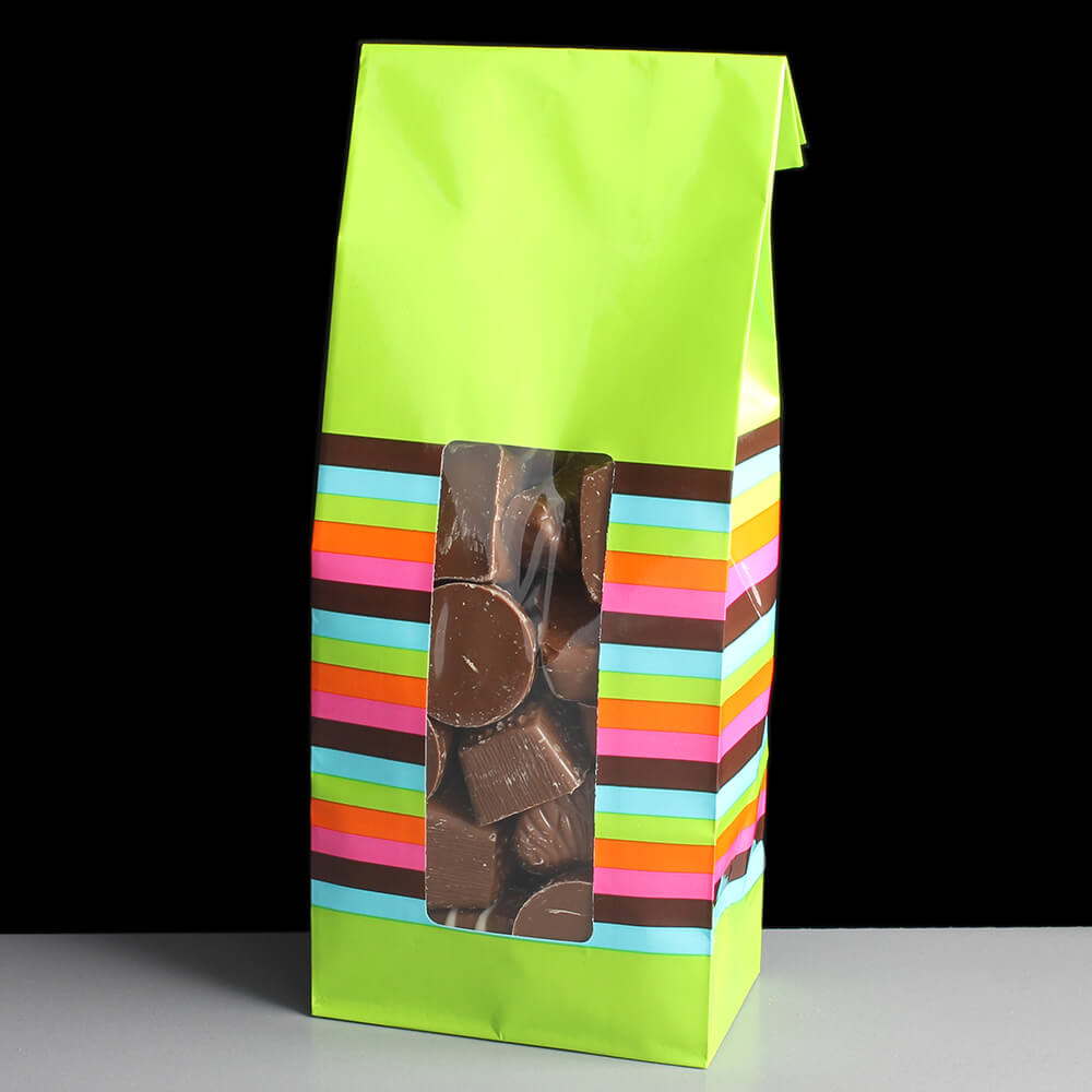 Download 50 x 83 x 240mm Glossy Green Windowed Paper Bag with Stripes