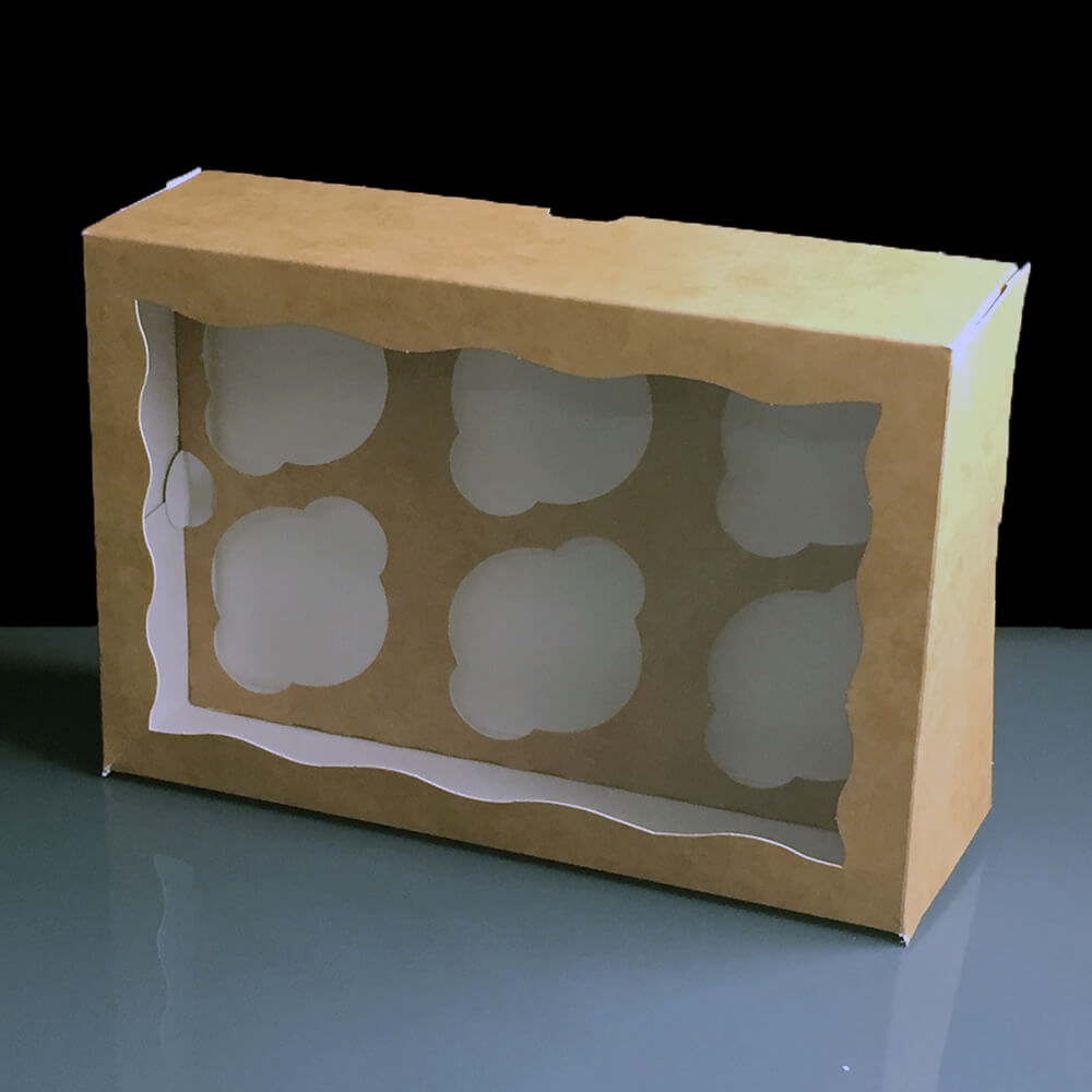 Six Cavity Kraft Windowed Cardboard Cupcake Boxes