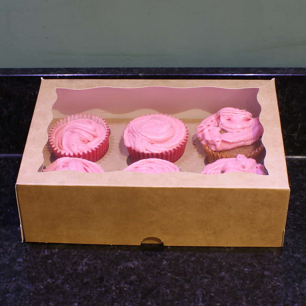 Six Cavity Kraft Windowed Cardboard Cupcake Boxes