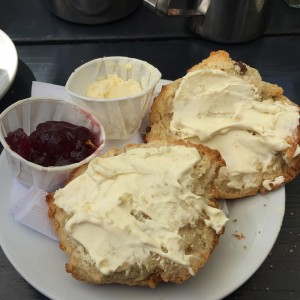 Cream tea with paper sauce pot