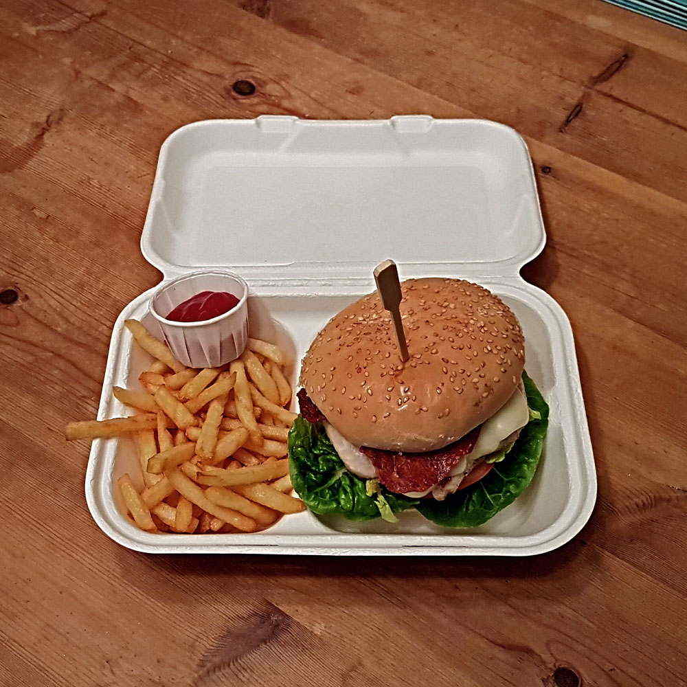 Biodegradable 9 x 6" 2 Compartment Box with Burger and Chips