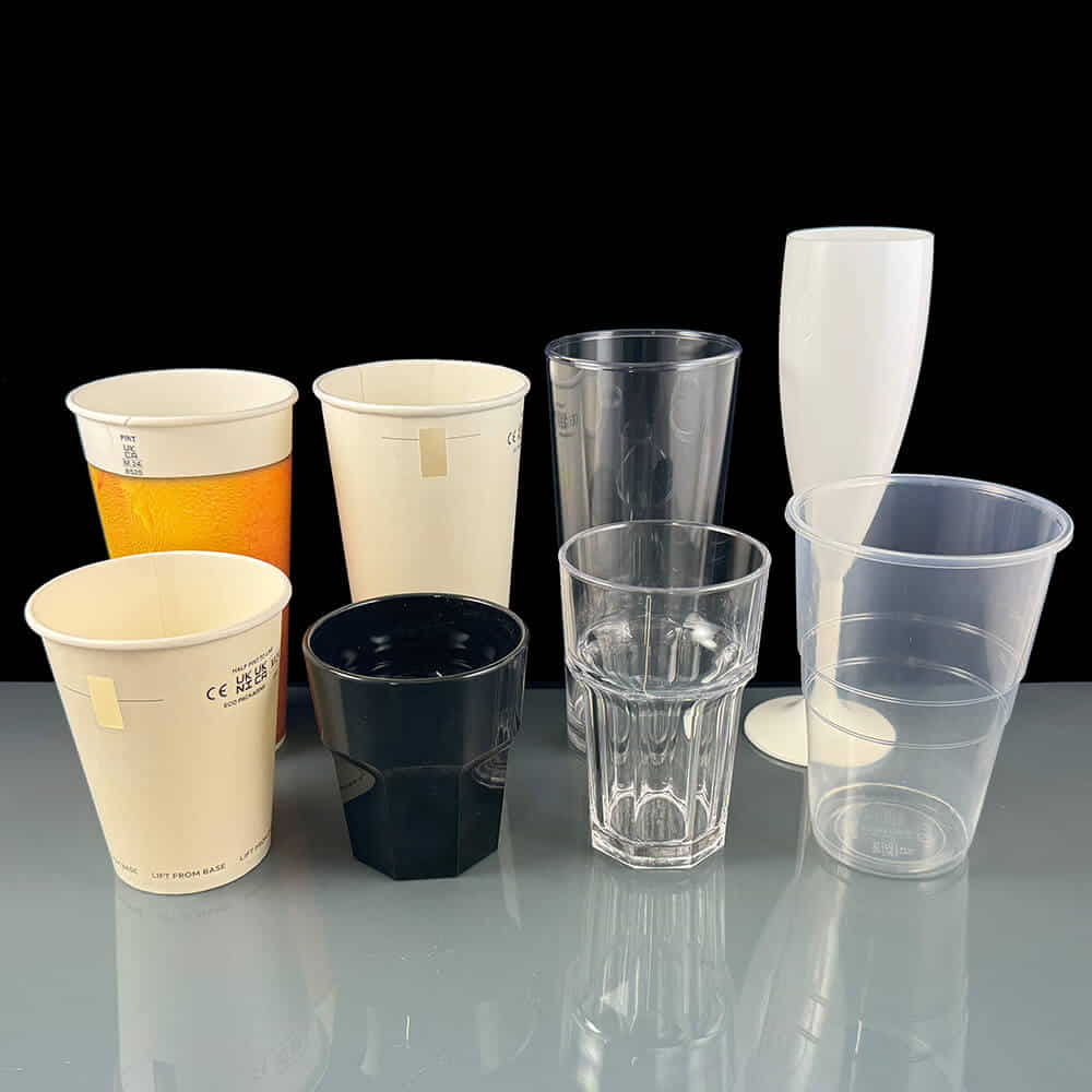 Range of plastic glasses and paper cups